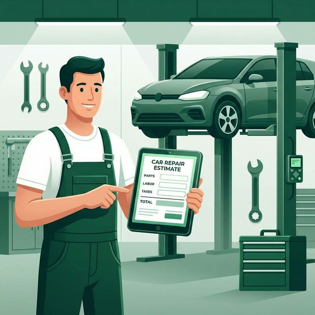 Auto mechanic using a car repair estimate generator on a tablet in a modern repair shop