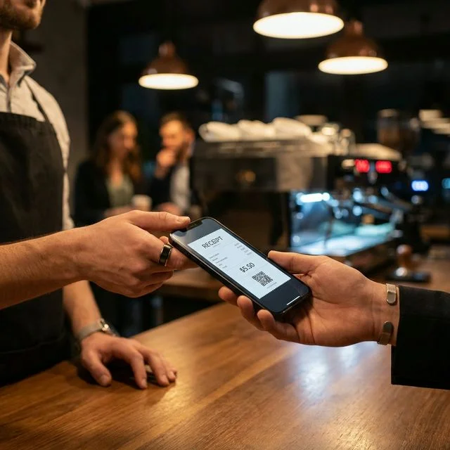 Barista handing a digital receipt on a smartphone to a customer