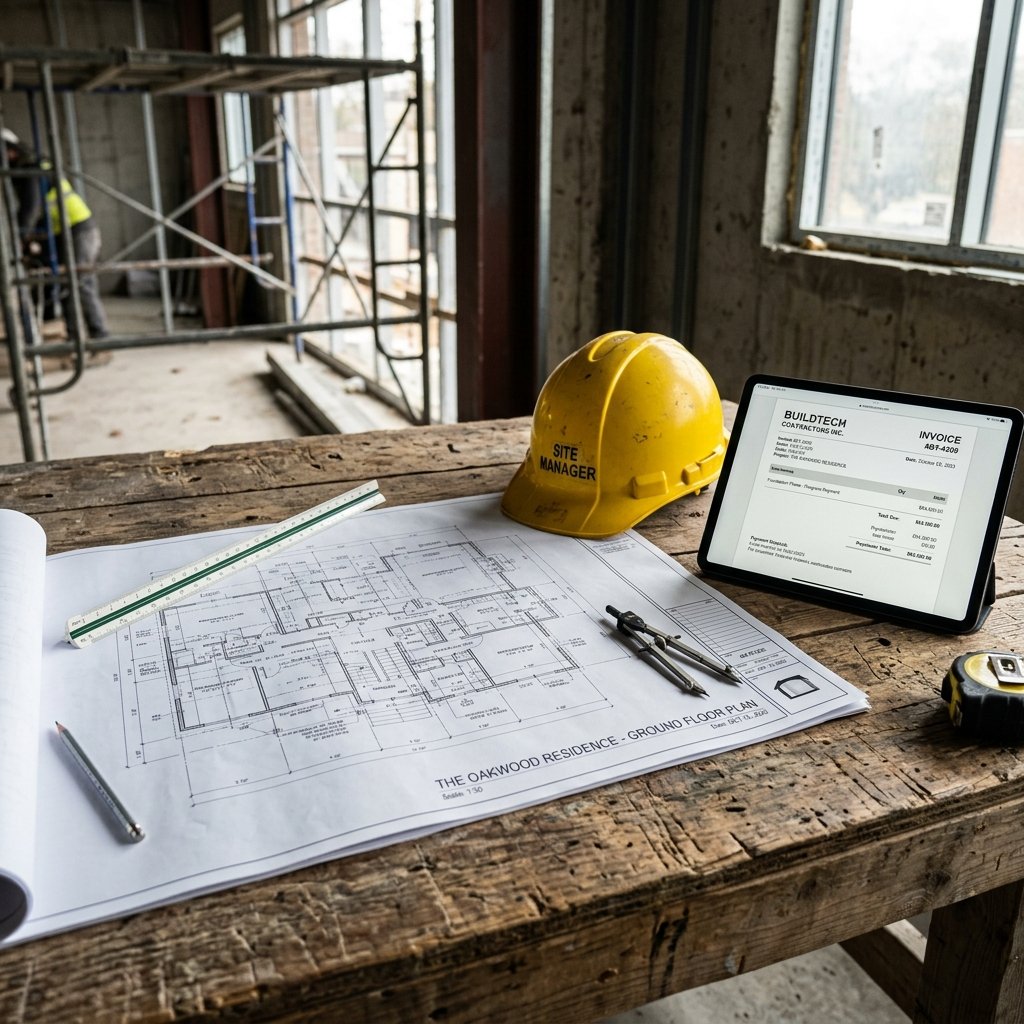 Architectural blueprint and hard hat next to a construction invoice on a tablet
