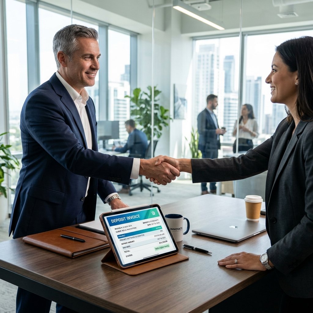 Corporate handshake over a tablet showing a deposit invoice