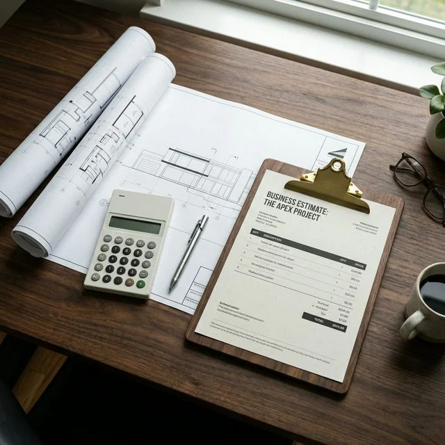 Wooden desk with architectural blueprints and a business estimate