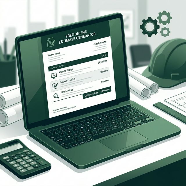 Professional laptop displaying a free online estimate generator with line items and totals