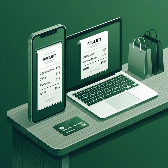 Smartphone and laptop displaying professional digital receipts with itemized purchases