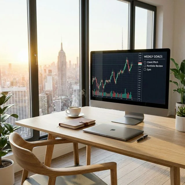 Freelance workspace overlooking a city with financial charts on a monitor