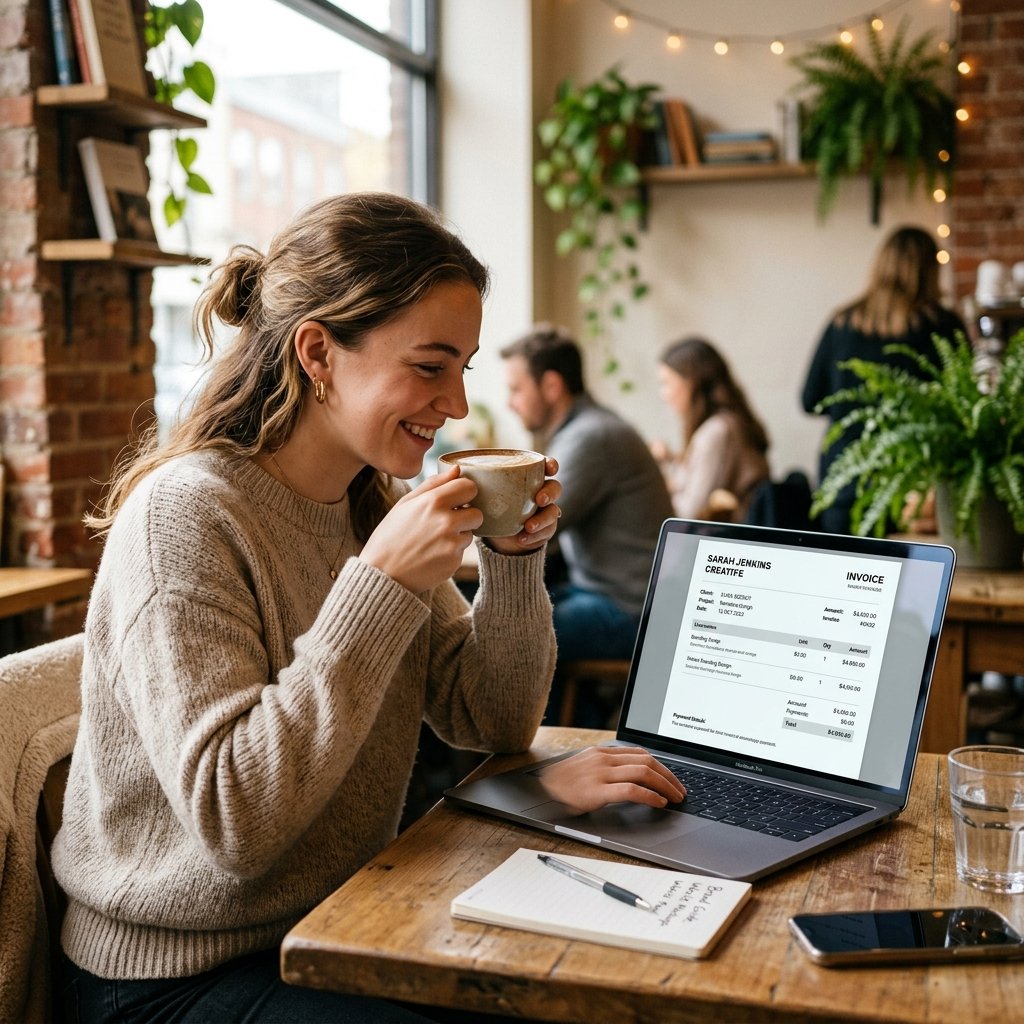 Freelancer working on a laptop at a cafe creating a digital invoice