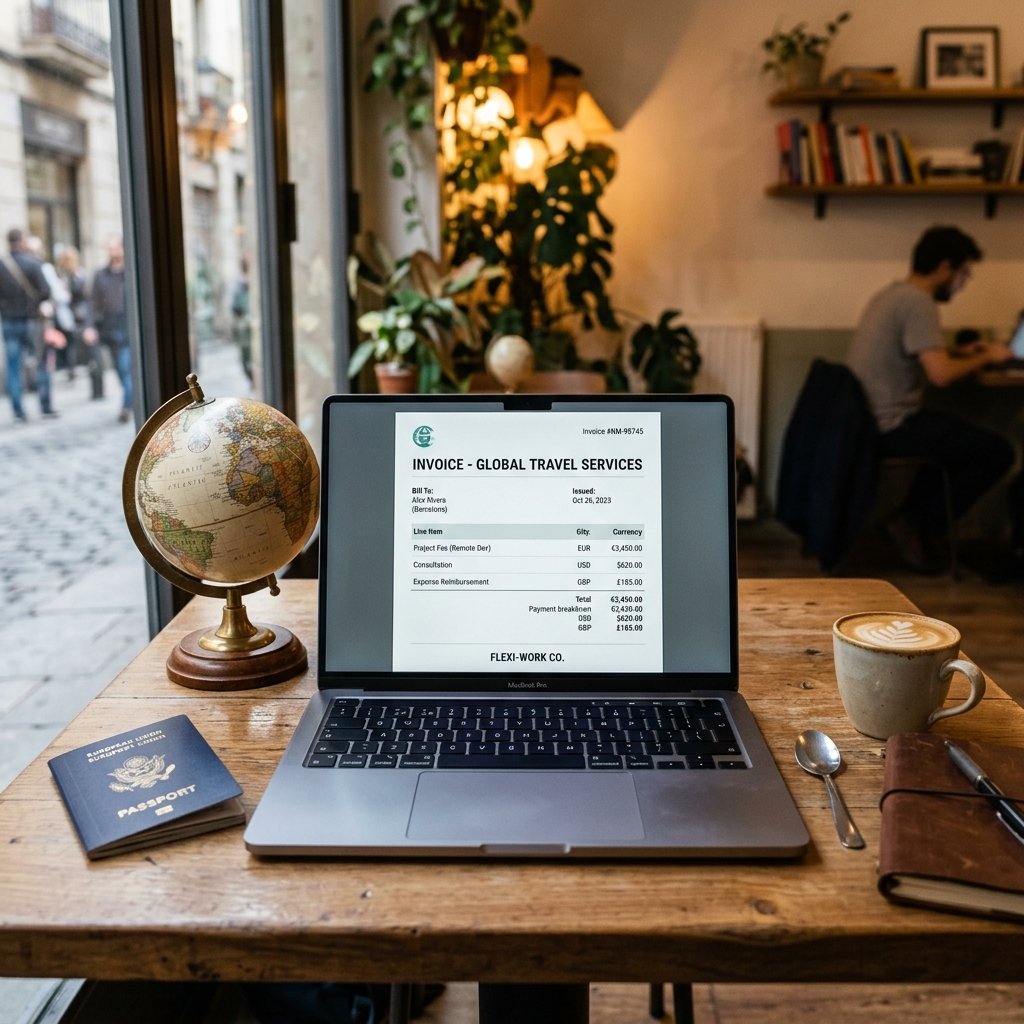 Globe and passport with multi-currency invoice on laptop screen
