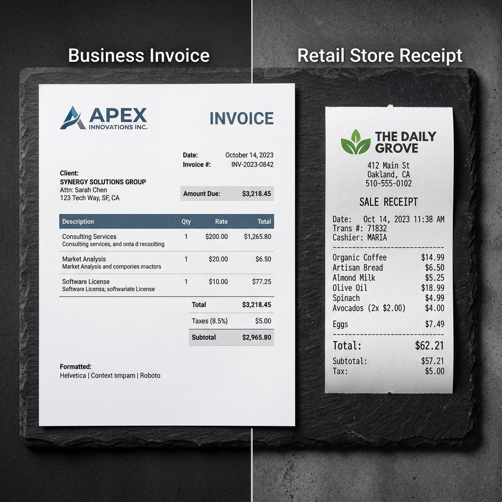 Dynamic split showing a professional invoice and a retail receipt side by side
