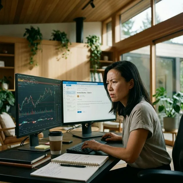 Entrepreneur reviewing an overdue invoice email on a monitor