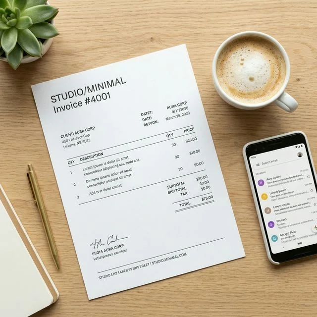 Designer creating a professional PDF invoice on a laptop