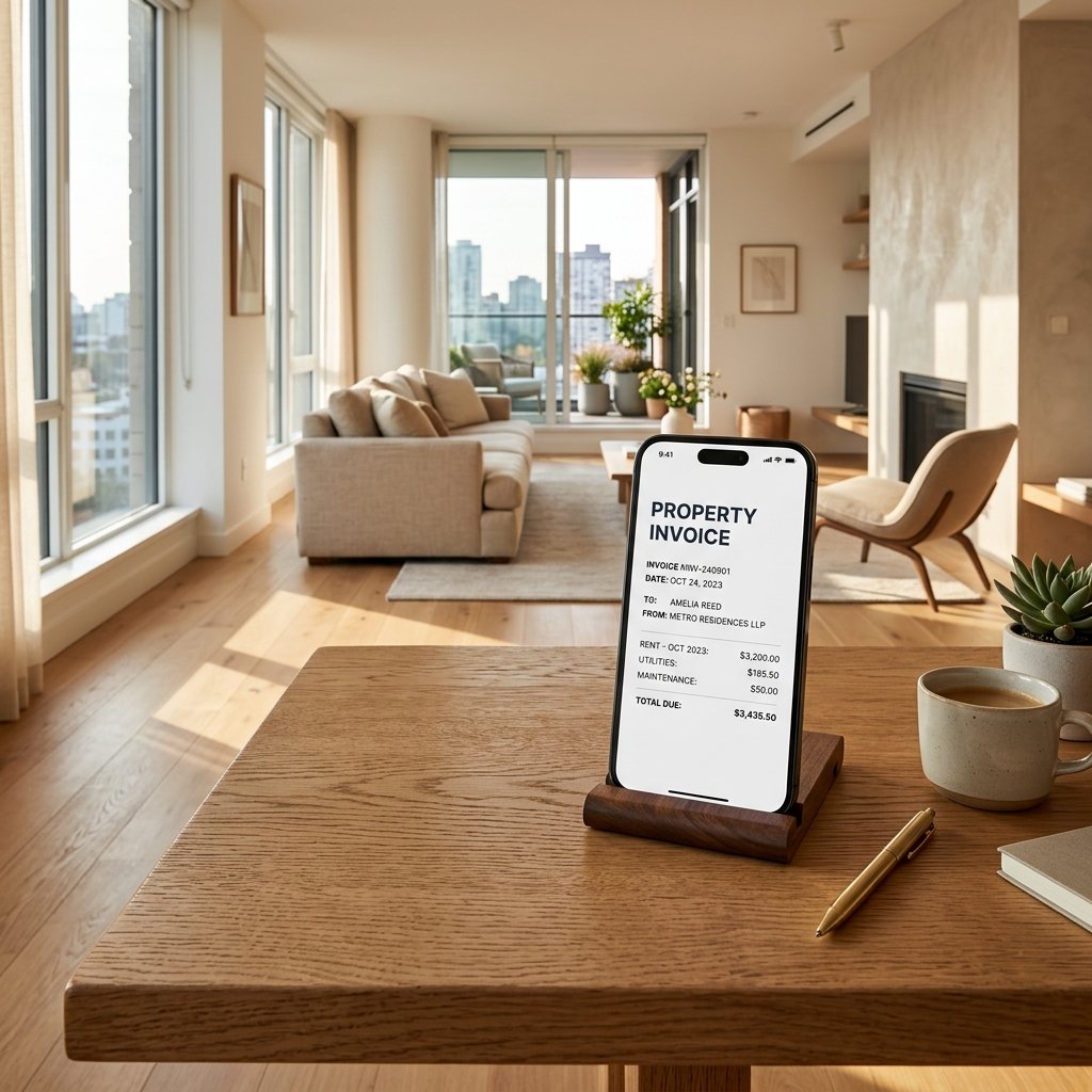 Modern apartment interior with a smartphone displaying a property invoice