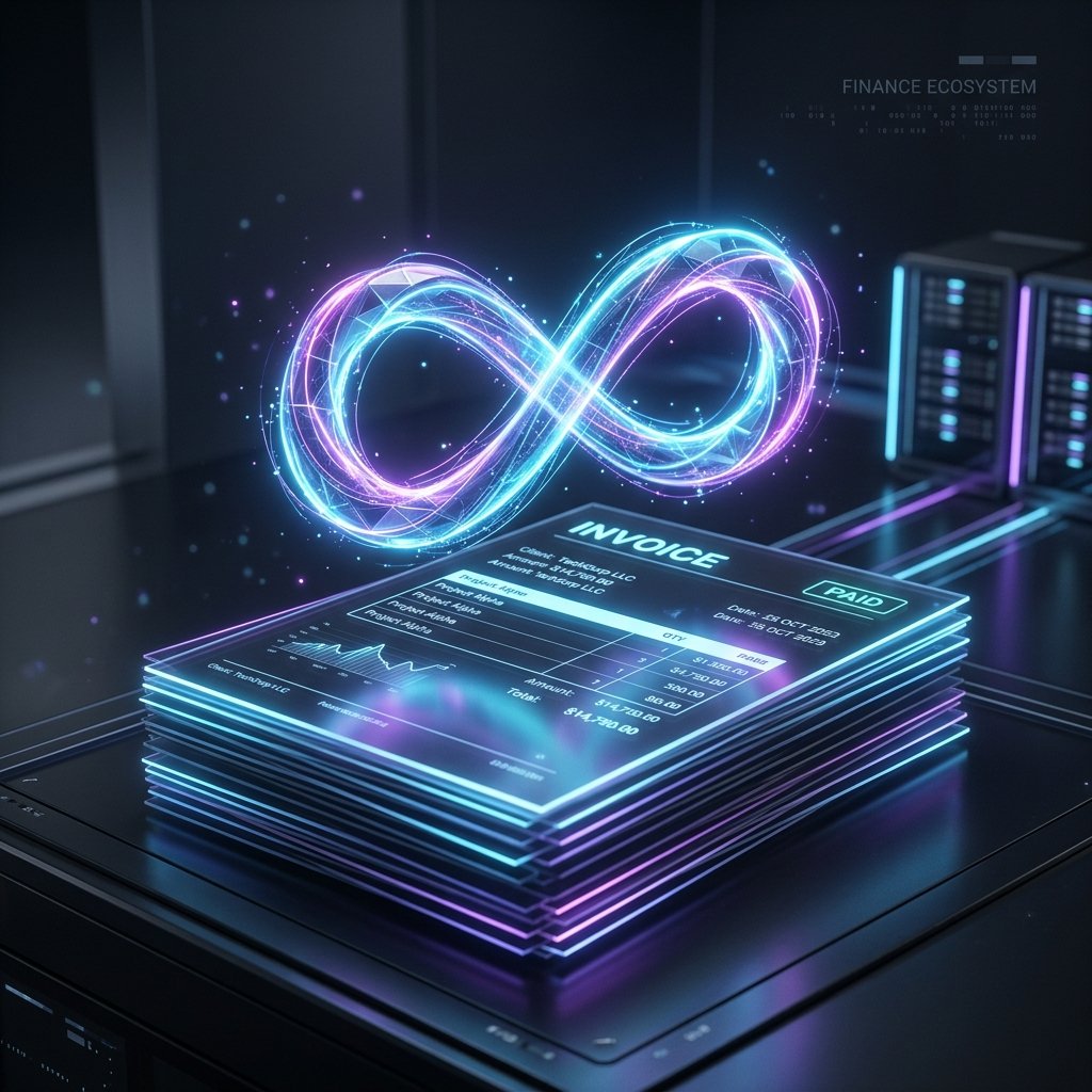 Glowing infinity loop graphic hovering over a stack of digital invoices