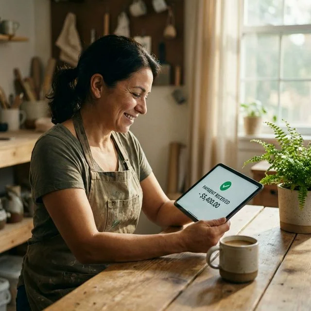 Small business owner using a tablet for invoicing