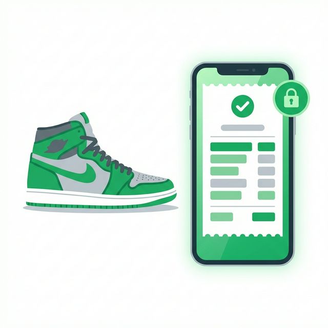 Premium sneaker next to a smartphone displaying a StockX-style authentication receipt