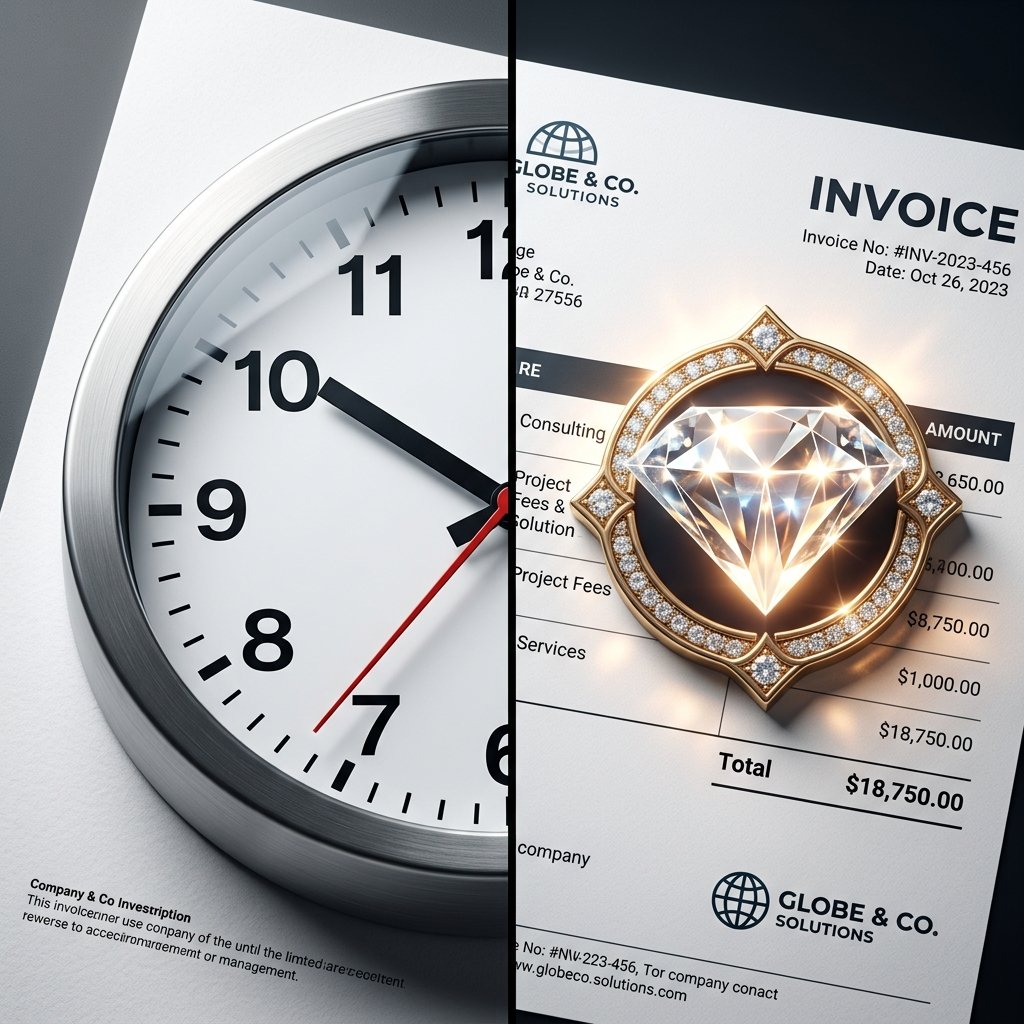 Ticking clock and glowing diamond icon on a sleek corporate invoice